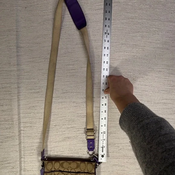 Coach Signature Monogram Canvas Purple Leather Trim Crossbody Bag - Picture 11 of 16